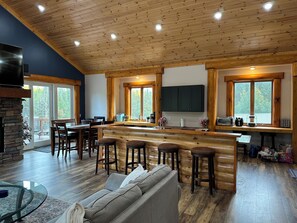 TV, fireplace, table football, ping pong