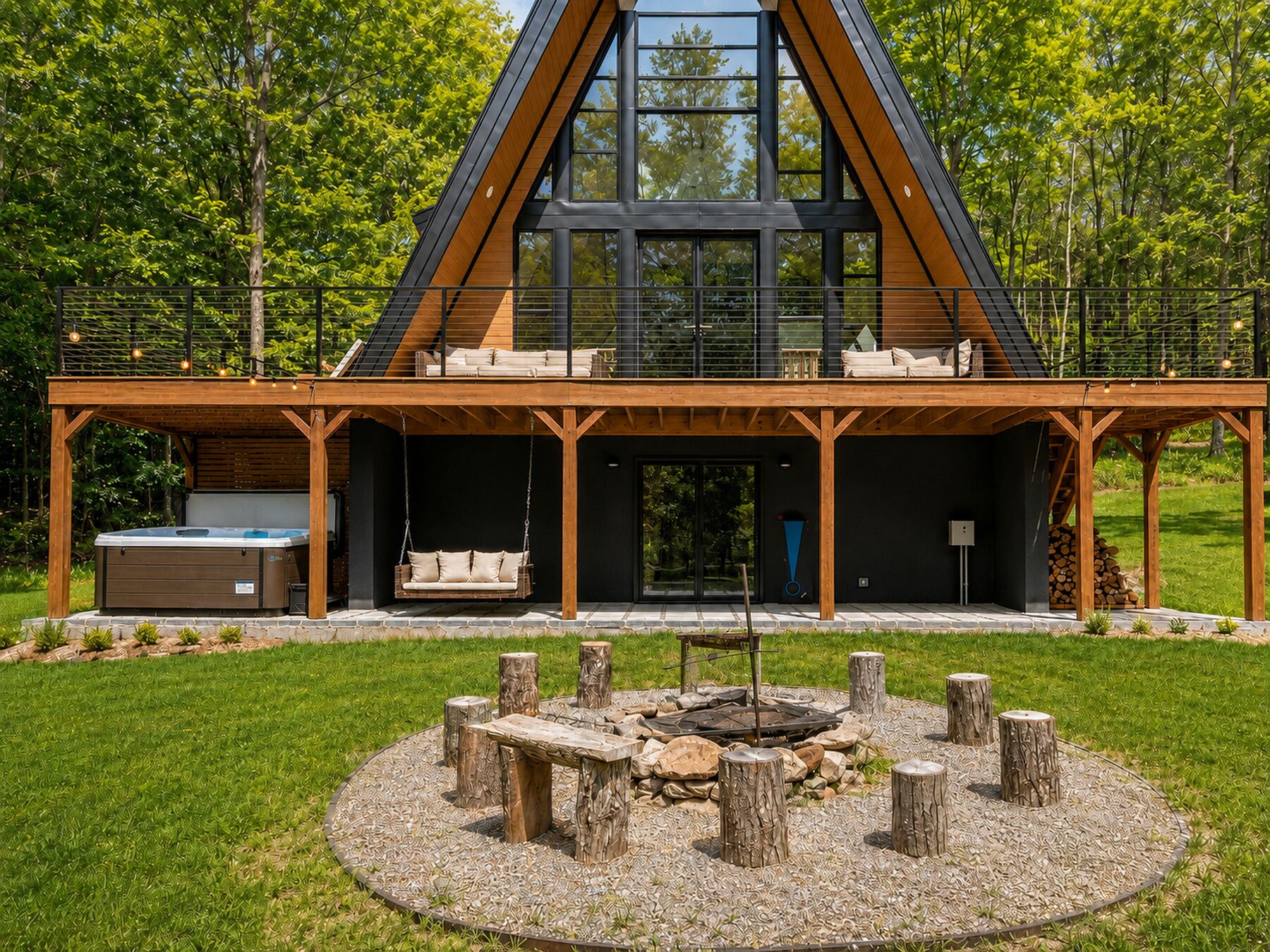 A modern house with a large deck, a hot tub, and a fire pit surrounded by wooden stumps.