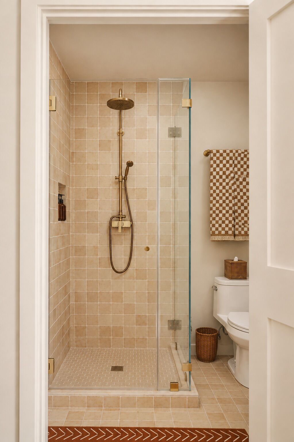 A shower area with a glass door, a handheld showerhead, and a wall-mounted faucet.