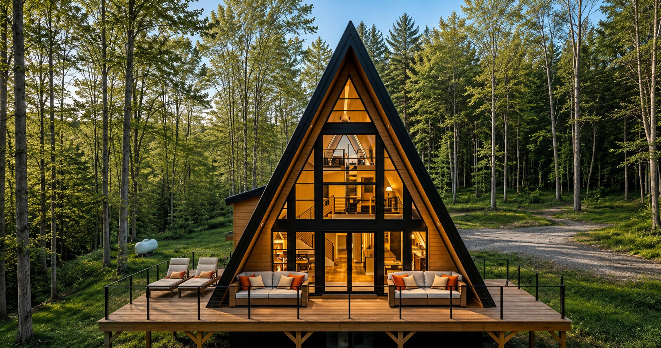 Eine moderne Holzhütte mit einem Dreiecksdach, einer Holzterrasse und einer Sitzgelegenheit im Freien.
