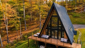 A modern, triangular-shaped cabin with large windows, a wooden deck, and a view of a forested area.