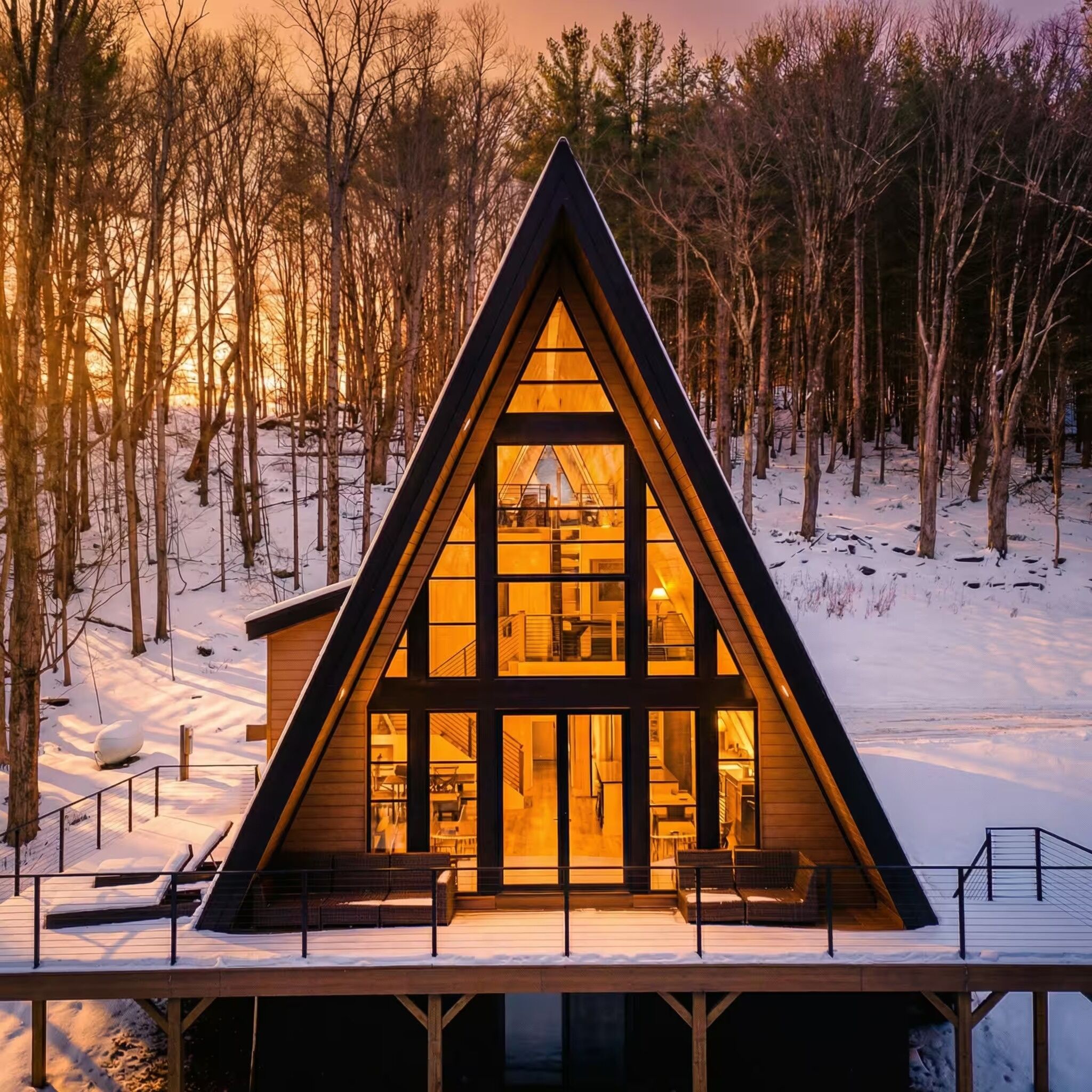 A triangular wooden cabin with large windows, surrounded by a snowy landscape and trees.