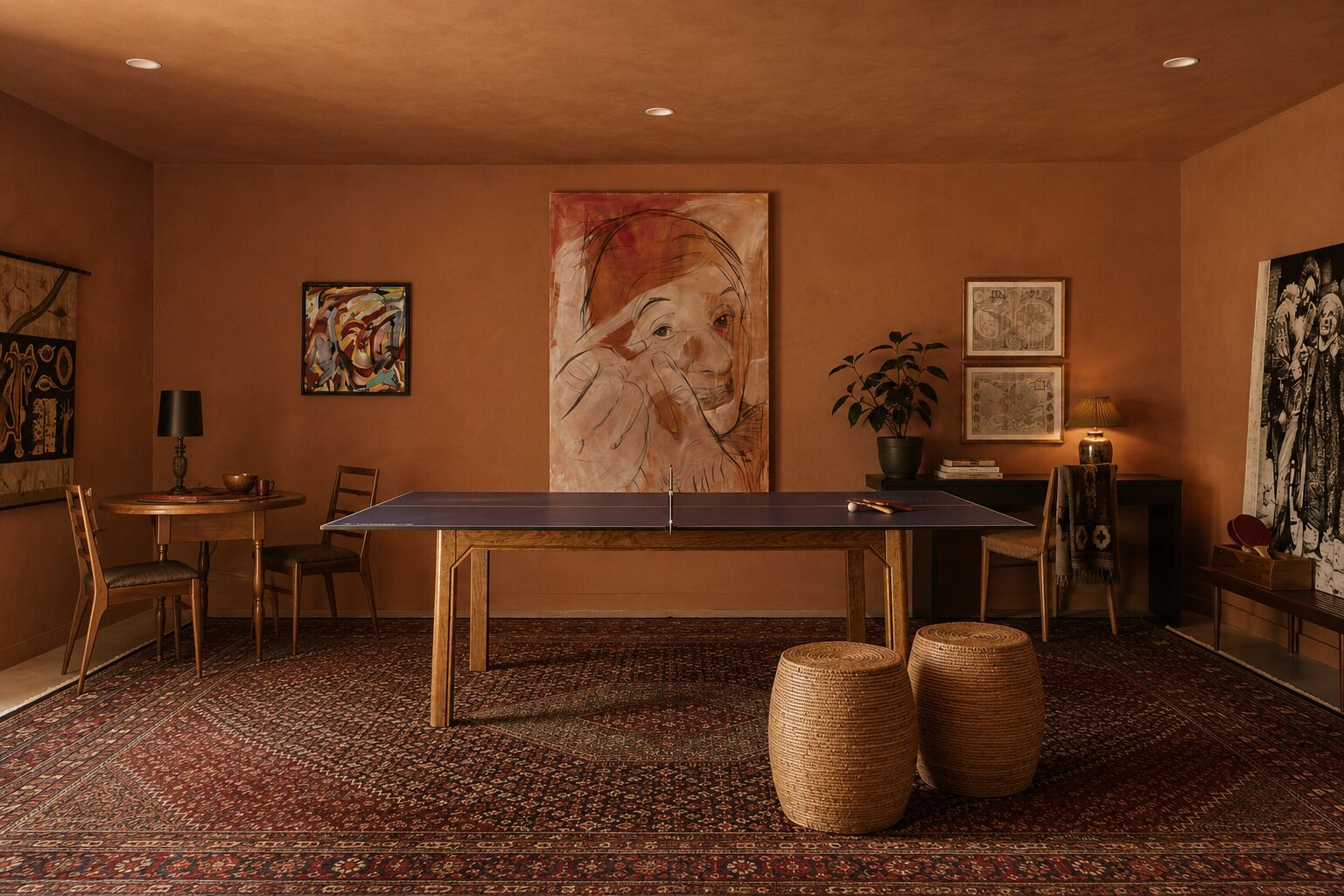Una stanza con un tavolo da ping pong, sedie, un tappeto e opere d'arte alle pareti.