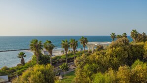 A coastal view with a beach, palm trees, and a clear sky. - SEANERGY HOTEL (Netanya)
