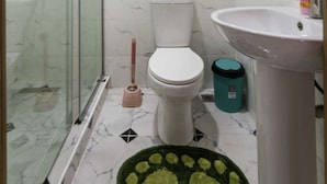A bathroom with a glass shower enclosure, a toilet, a sink, and a trash bin. - Lux Lekki Home w PS5 Balcony 24 7 Power Security (Lekki)
