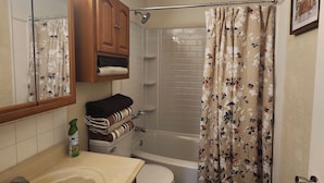 A bathroom with a sink, toilet, shower, and a mirror.