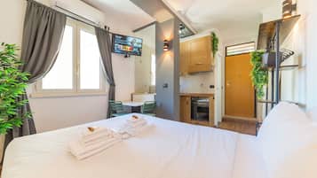 Una camera d'albergo con un letto, una televisione, un angolo cottura e un bagno.