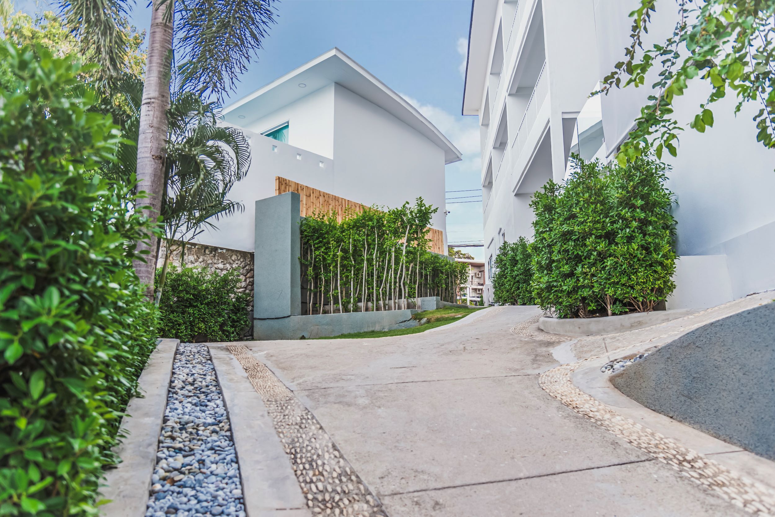 A modern building with a curved facade, surrounded by greenery and a paved pathway.