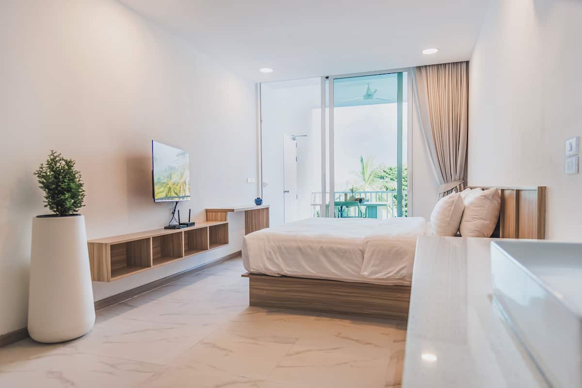 A modern hotel room with a large bed, a TV, a potted plant, and a view of the outdoors.