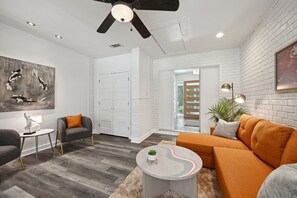 Smart TV, fireplace, books