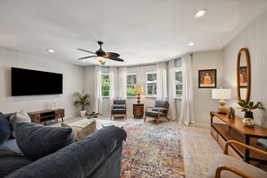 Smart TV, fireplace, books