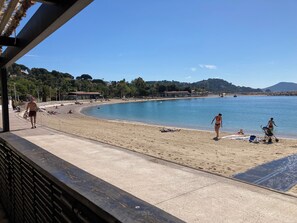 A beach with a clear blue sky, sandy shore, and a few people.