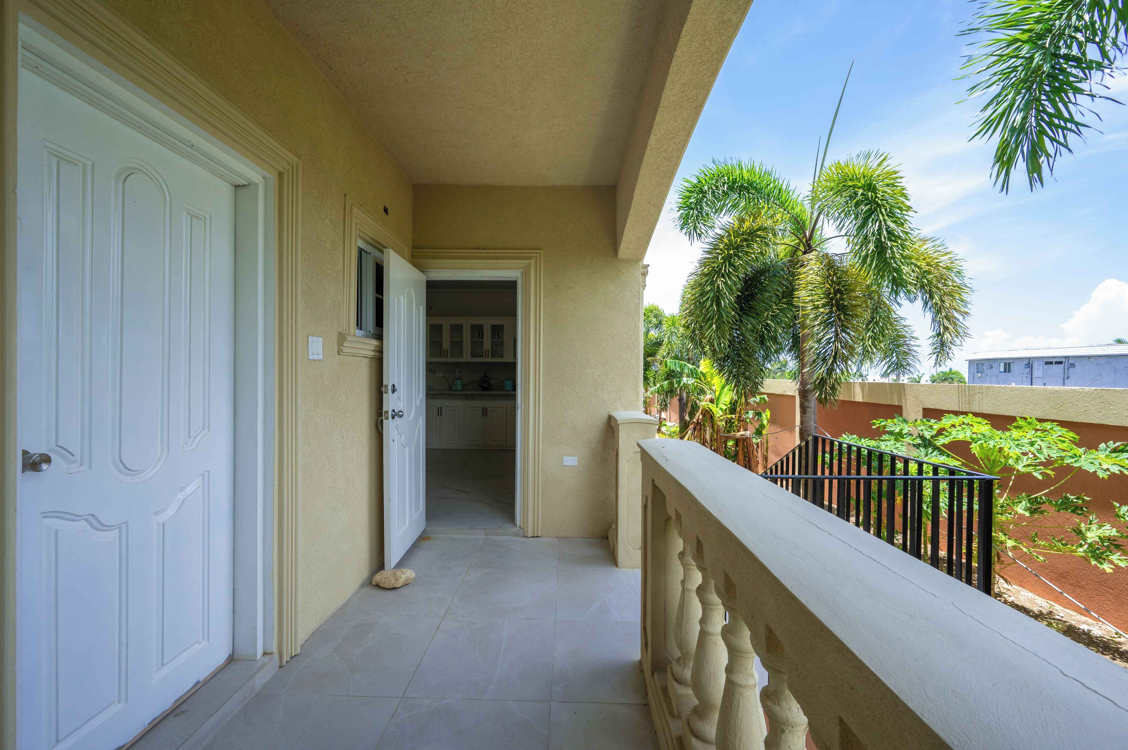 A corridor with a white door, a kitchen area, and a balcony with a railing and plants.