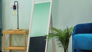 A room with a standing mirror, a blue sofa, a wooden side table, a potted plant, and a power outlet. - Il Ciucciariello (Naples)