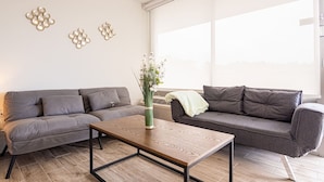 Una sala de estar moderna con dos sofás grises, una mesa de centro de madera y decoración mural.