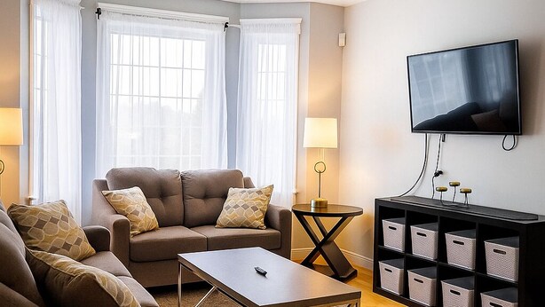 Una sala de estar moderna con un juego de sofá, una mesa de centro, un televisor montado en la pared y un mueble de almacenamiento con cestas.