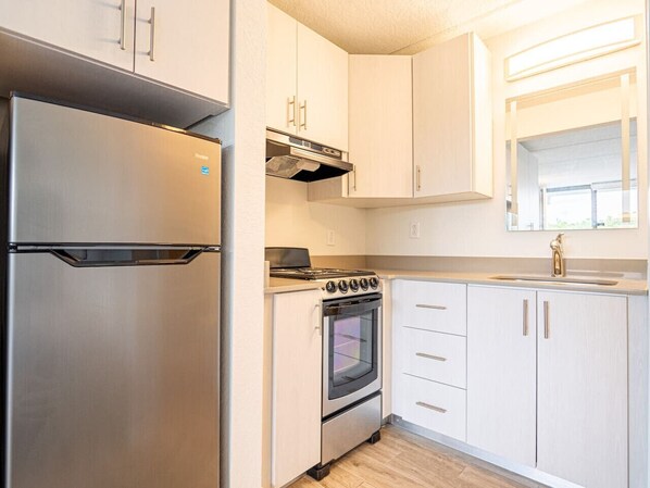 Fridge, oven, stovetop, coffee/tea maker