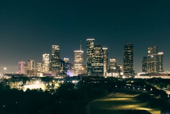Eine nächtliche Skyline mit beleuchteten Wolkenkratzern und einem Park im Vordergrund.