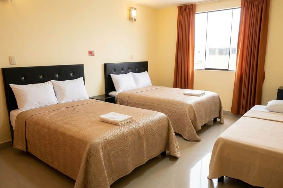 Une chambre d’hôtel avec deux lits, une fenêtre avec des rideaux et un luminaire fixé au mur.