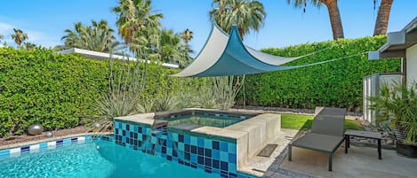 Outdoor pool, pool umbrellas, pool loungers