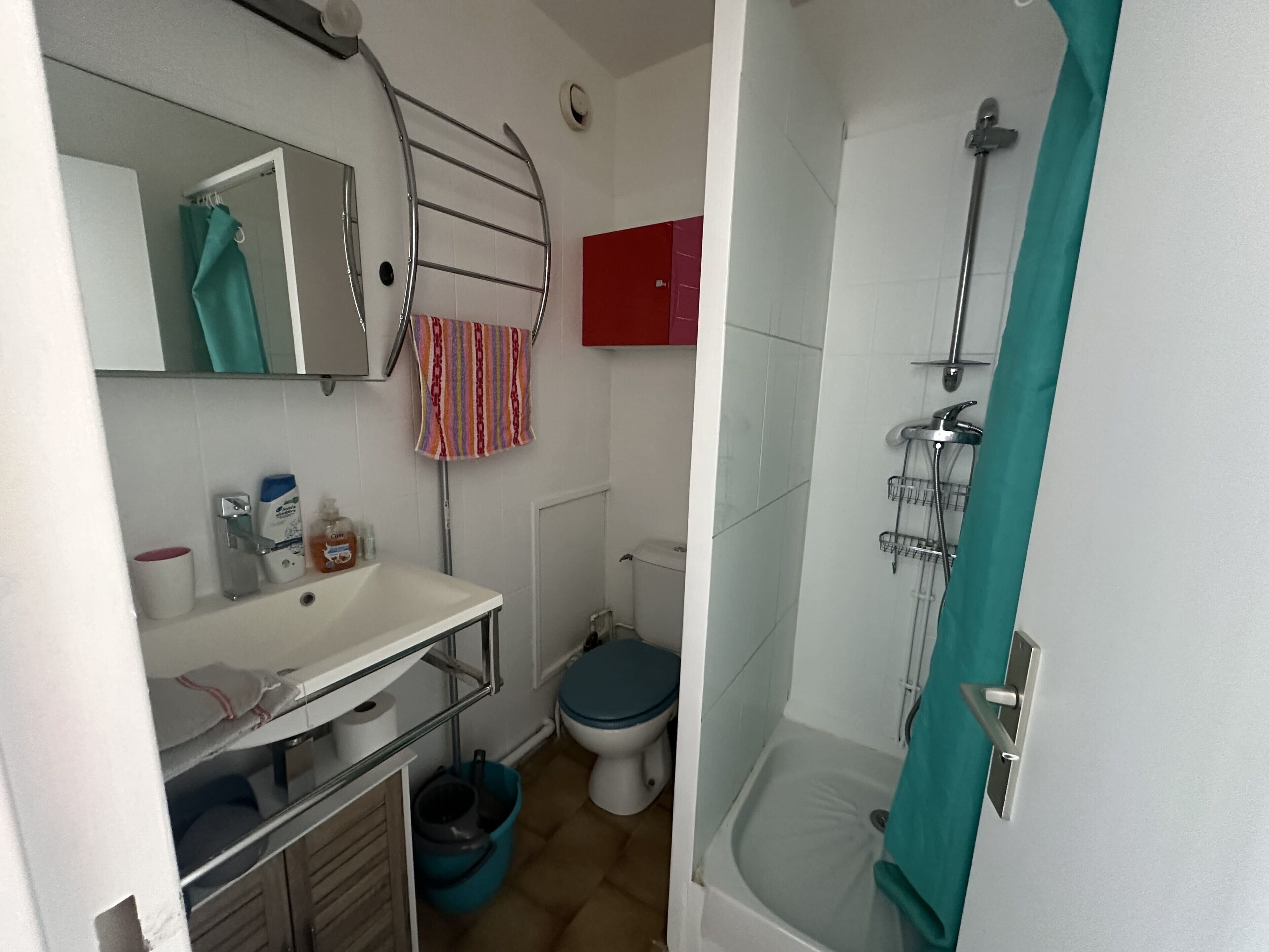A bathroom with a white sink, mirror, and a shower with a teal curtain.