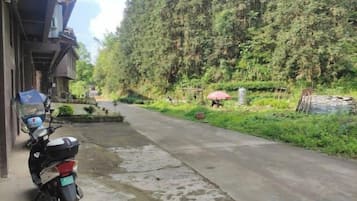 A paved path leading to a building with a parked scooter.