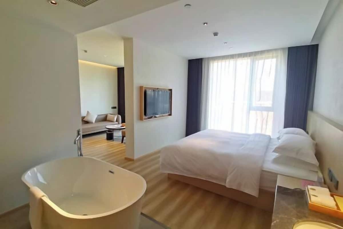 A modern hotel room with a large bed, a bathtub, a sofa, and a TV.