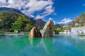 A serene pool area with large rocks and a mountain backdrop.