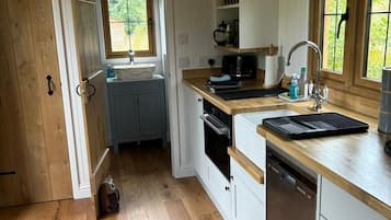 Cabin | Private kitchen | Fridge, microwave, oven, stovetop