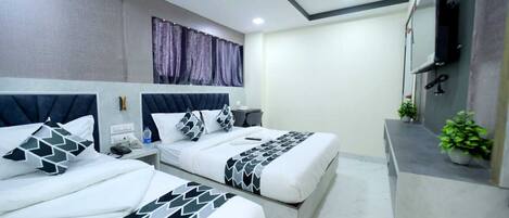 A hotel room with two beds, a ceiling fan, a TV, and a small balcony with plants.