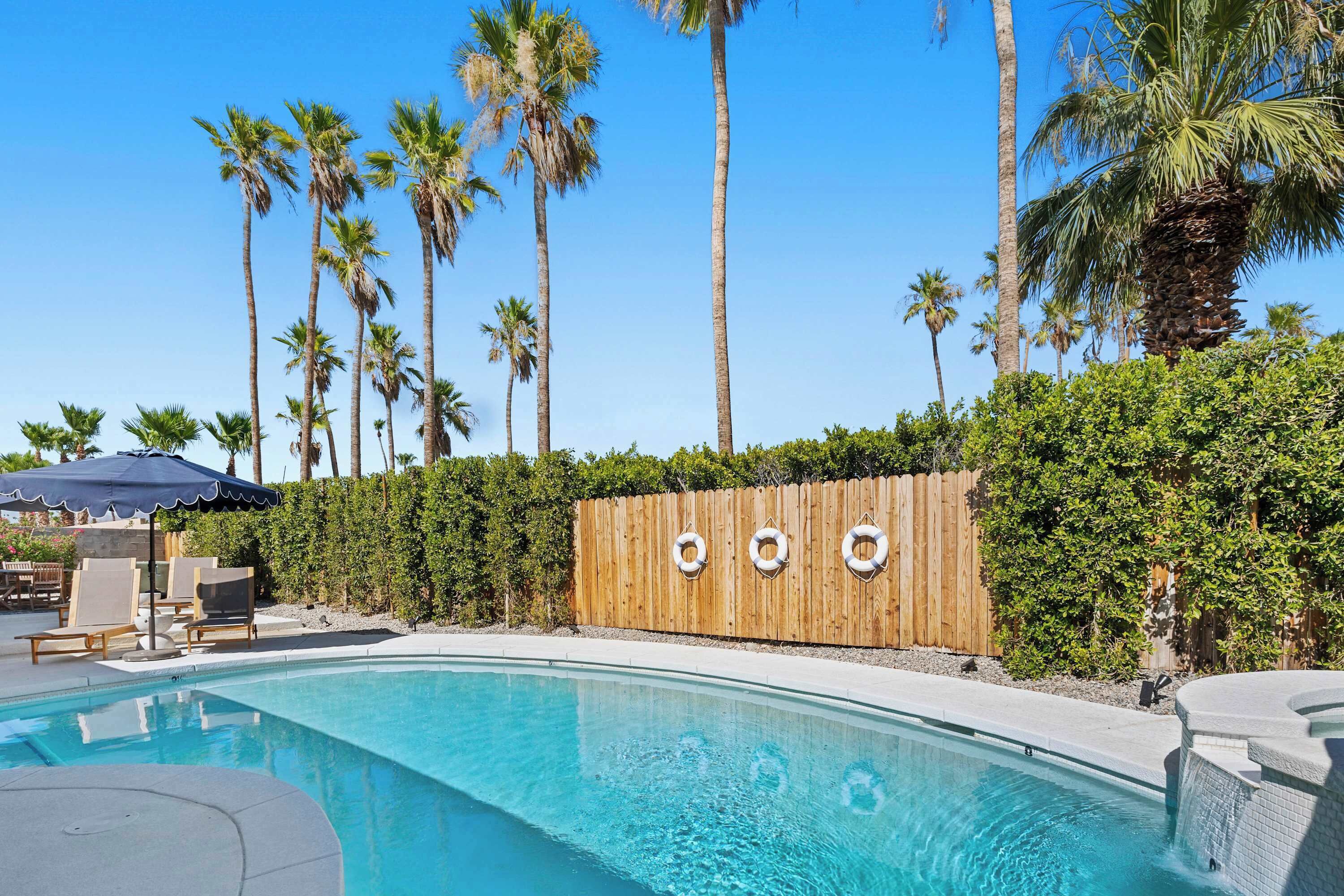 A swimming pool with a wooden fence, palm trees, and lounge chairs.