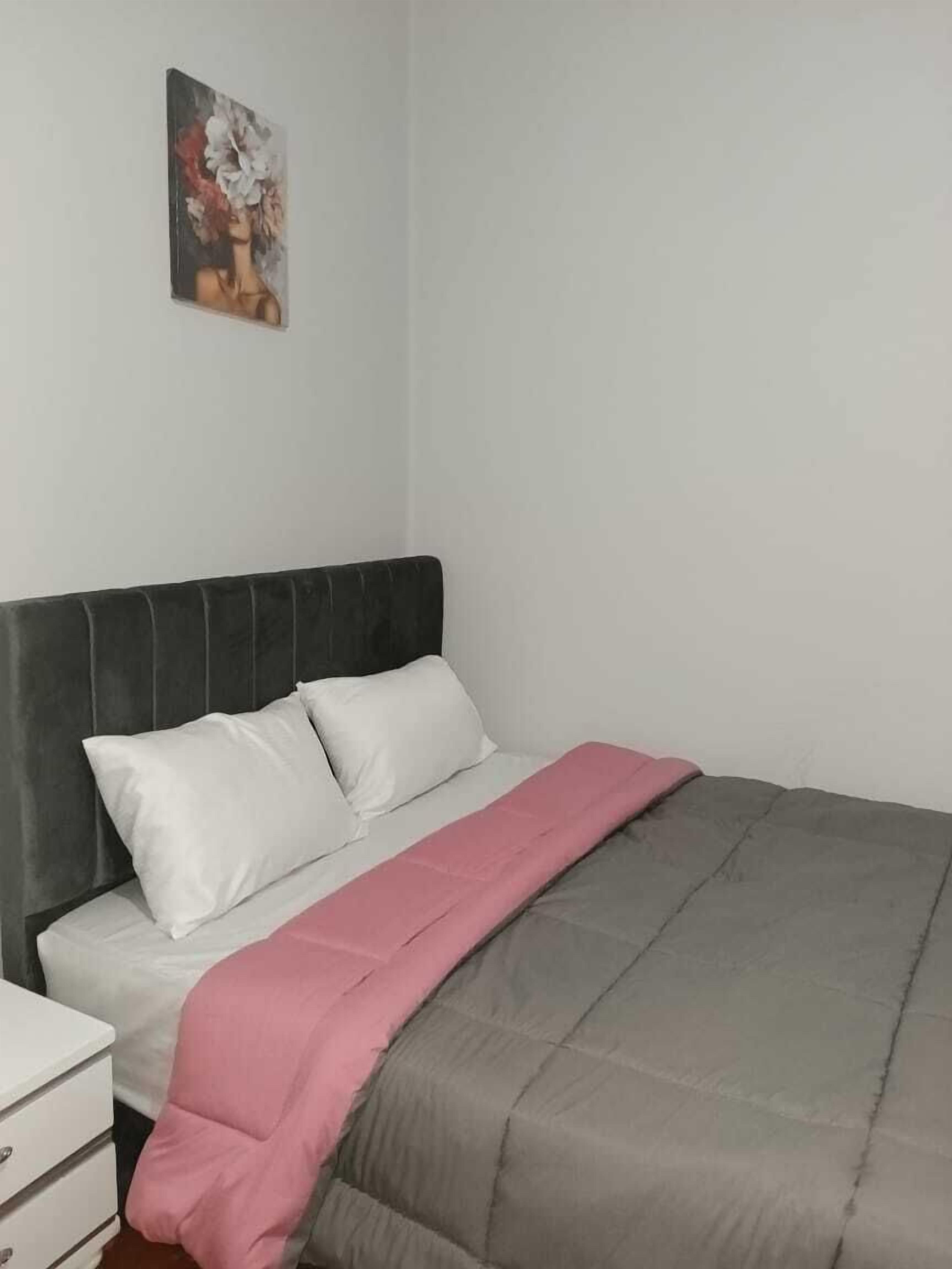 A bedroom with a bed, white pillows, a grey and pink blanket, a nightstand, and a painting on the wall.