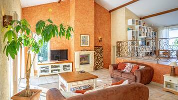 Televisio, takka, DVD-soitin, pöytÀtennispöytÀ