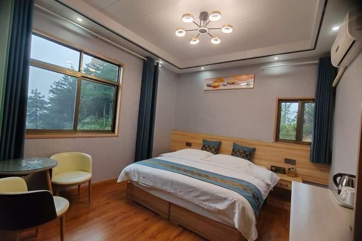 A hotel room with a bed, a small table, two chairs, a window with a view of trees, and a ceiling light fixture.