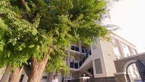 Un immeuble à plusieurs étages, doté d’un escalier central, de grandes fenêtres et d’un arbre au premier plan.