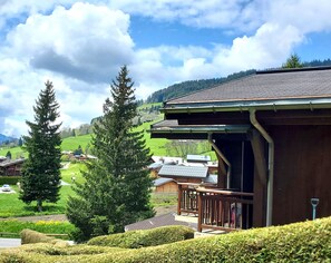 A wooden cabin with a balcony, surrounded by well-maintained hedges and tall evergreen trees. - 3-room apartment with garden in Megève (Half-Quartier)