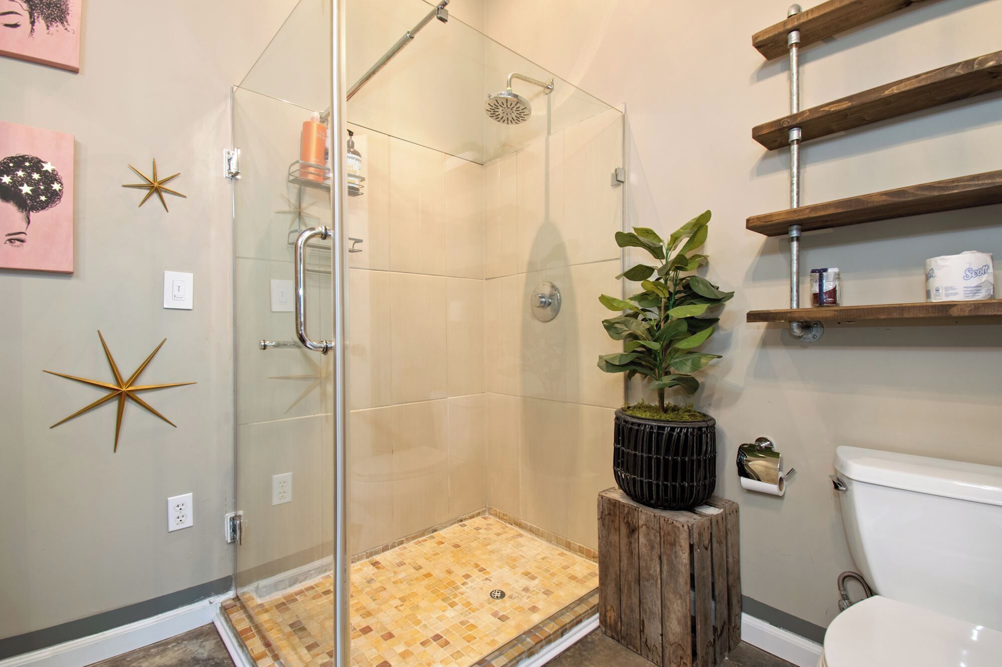 Hair dryer, towels, soap, toilet paper