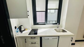 A compact kitchenette with a built-in stove, a sink, and a dishwasher.