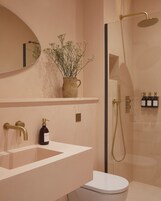 Ducha, secador de pelo, toallas, jabón