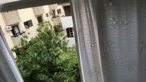 A view through a window with a curtain, featuring a balcony with a tiled floor and a tree in the background. - Pé na Areia Canto do Forte (Praia Grande)