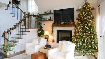 Smart TV, chimenea, libros y oficina