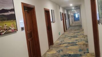 Un pasillo de hotel con puertas de madera, cuadros enmarcados en las paredes y suelo alfombrado.