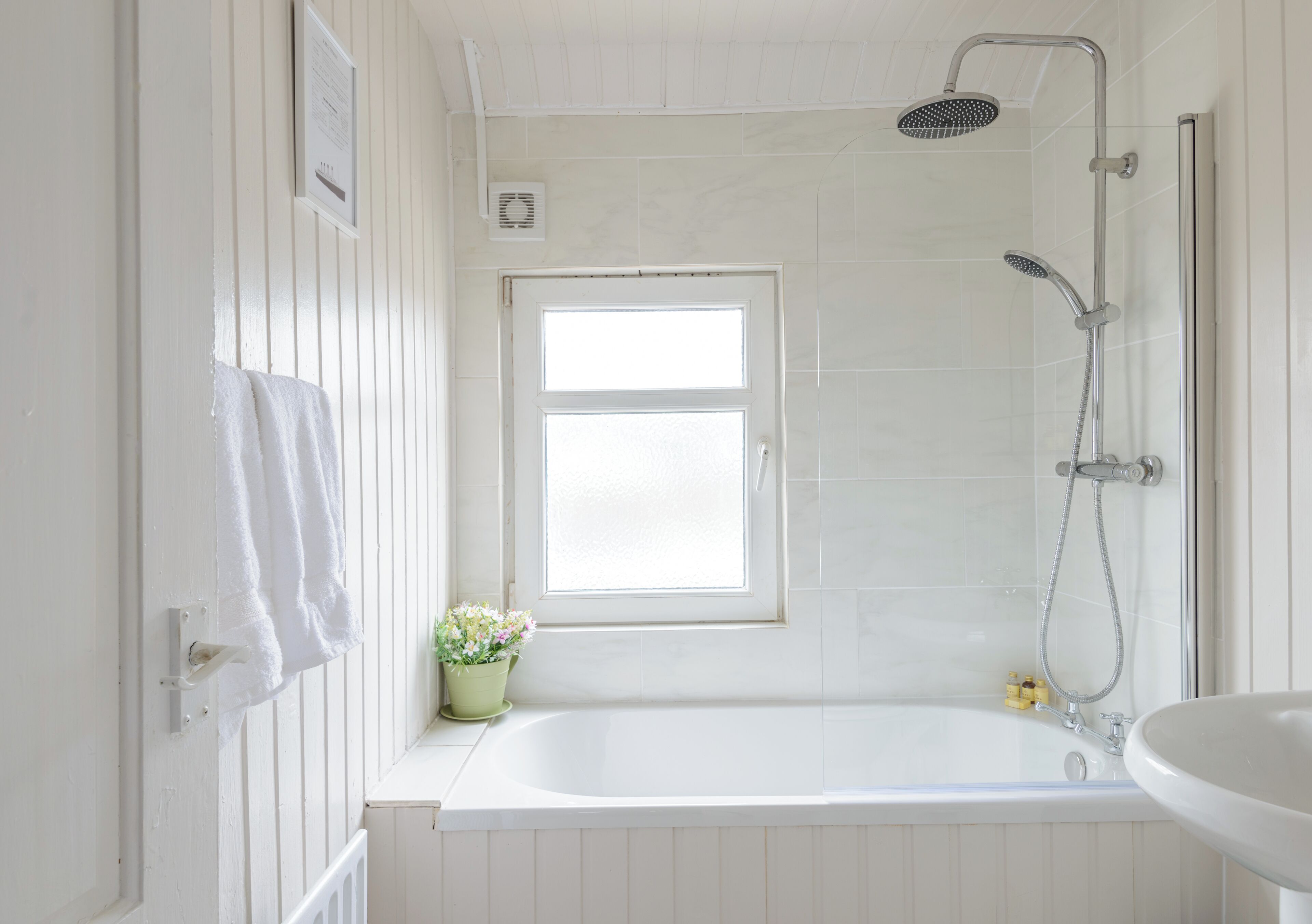 Hair dryer, towels, soap, shampoo