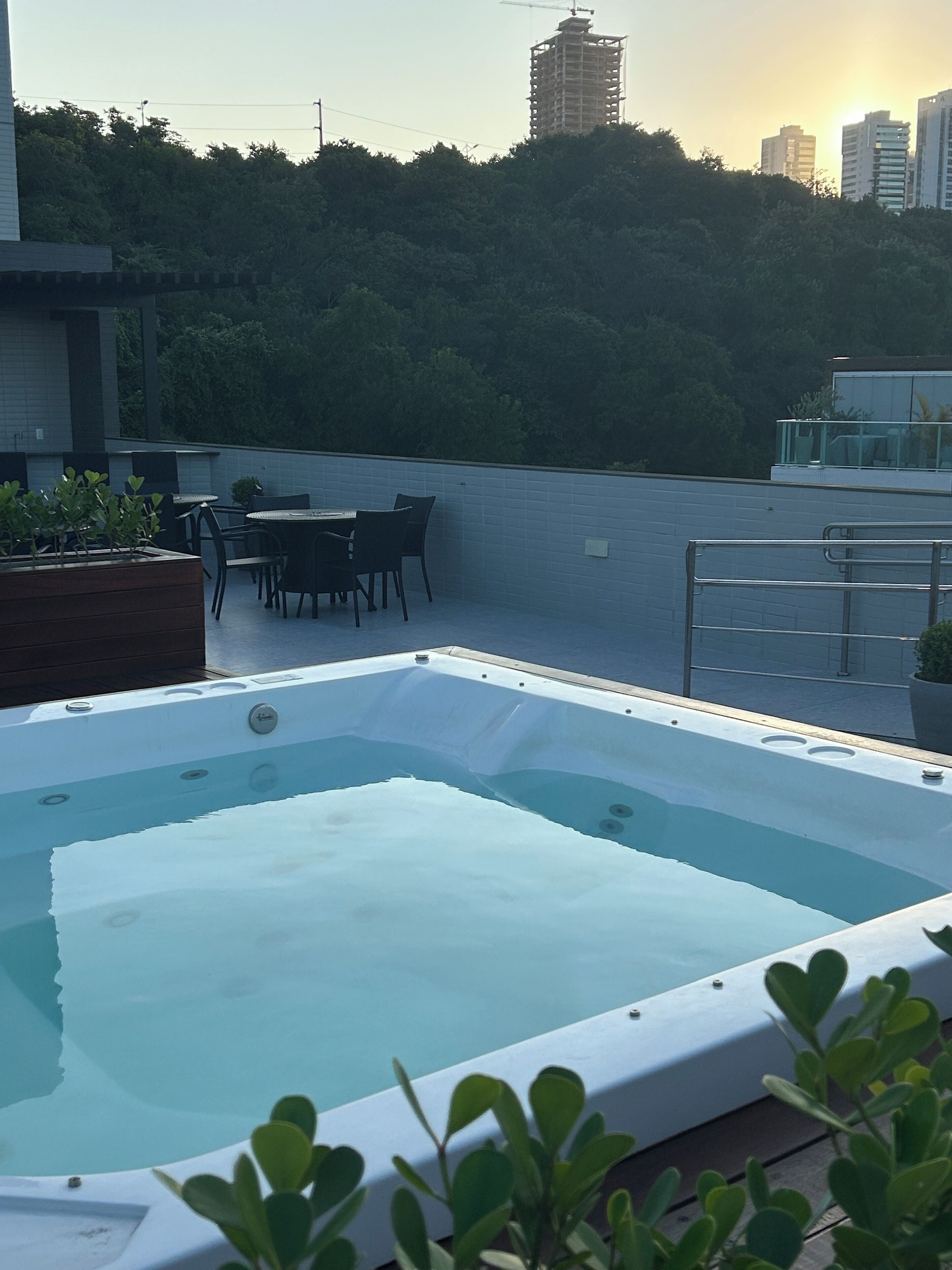 A rooftop swimming pool with a table and chairs, surrounded by greenery and overlooking a cityscape.