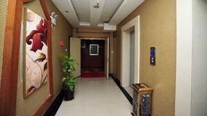 A hallway with a red carpet leading to an elevator, a potted plant, and a framed artwork on the wall. - Jingshiji Express Hotel (Jinghong)