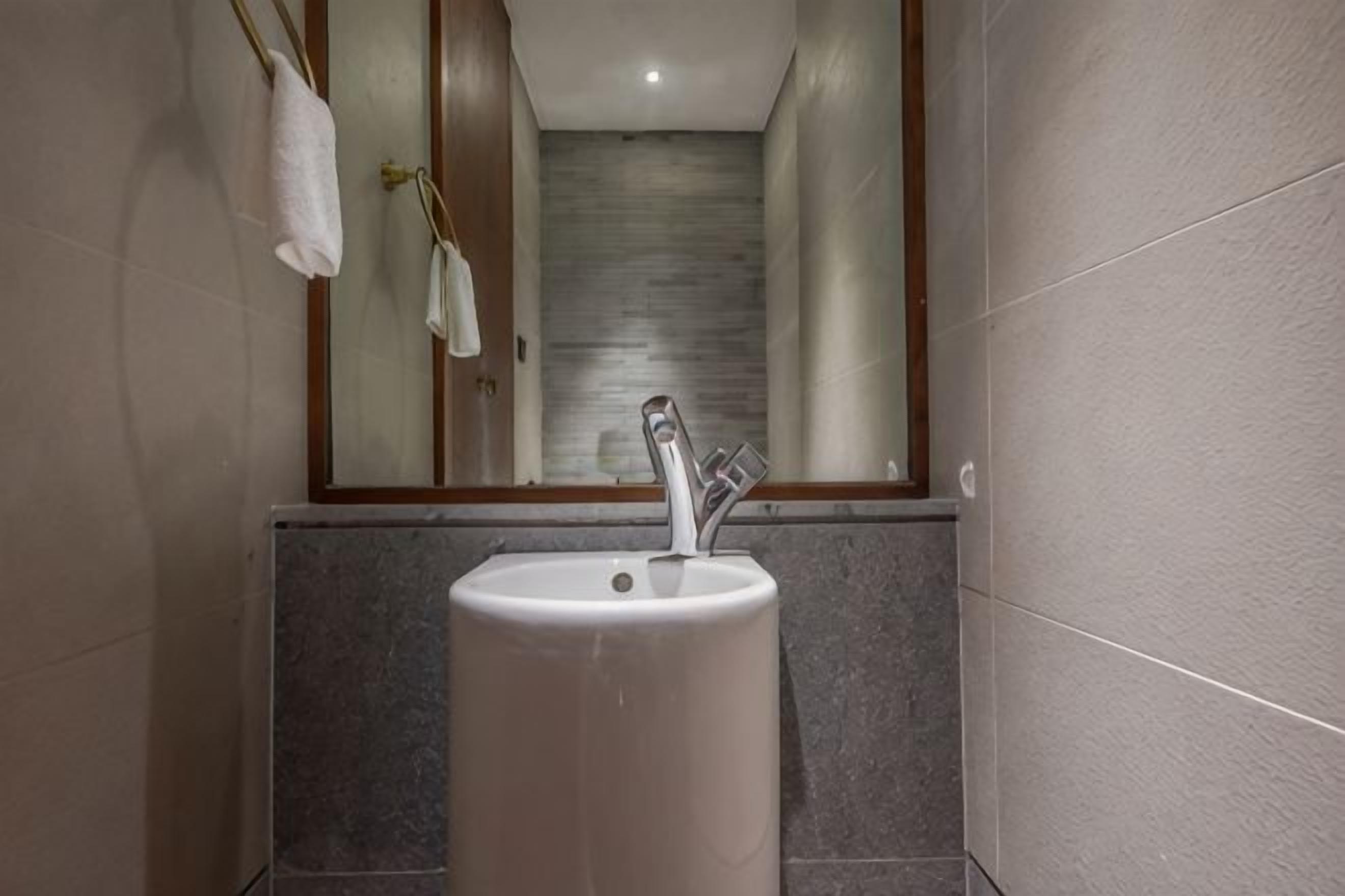 Une salle de bain avec un lavabo, un miroir et un porte-serviettes.
