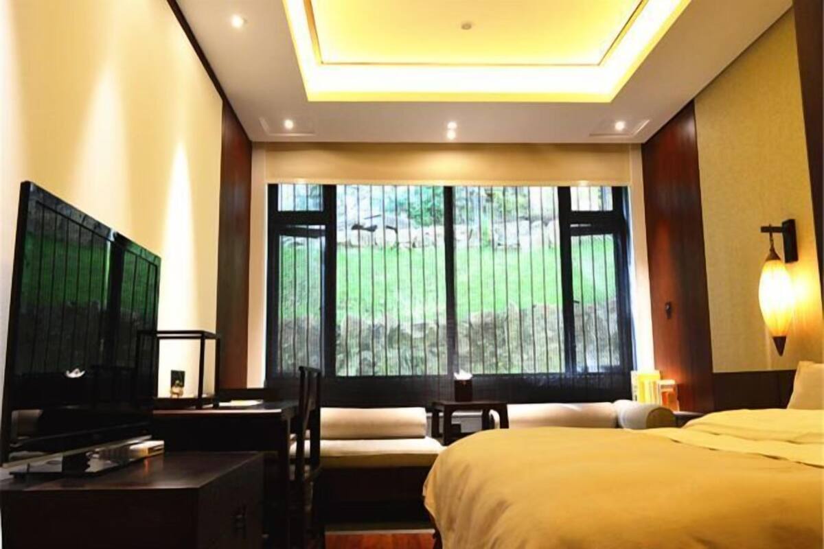 A hotel room with a bed, a desk, a TV, and a window with a view of greenery.