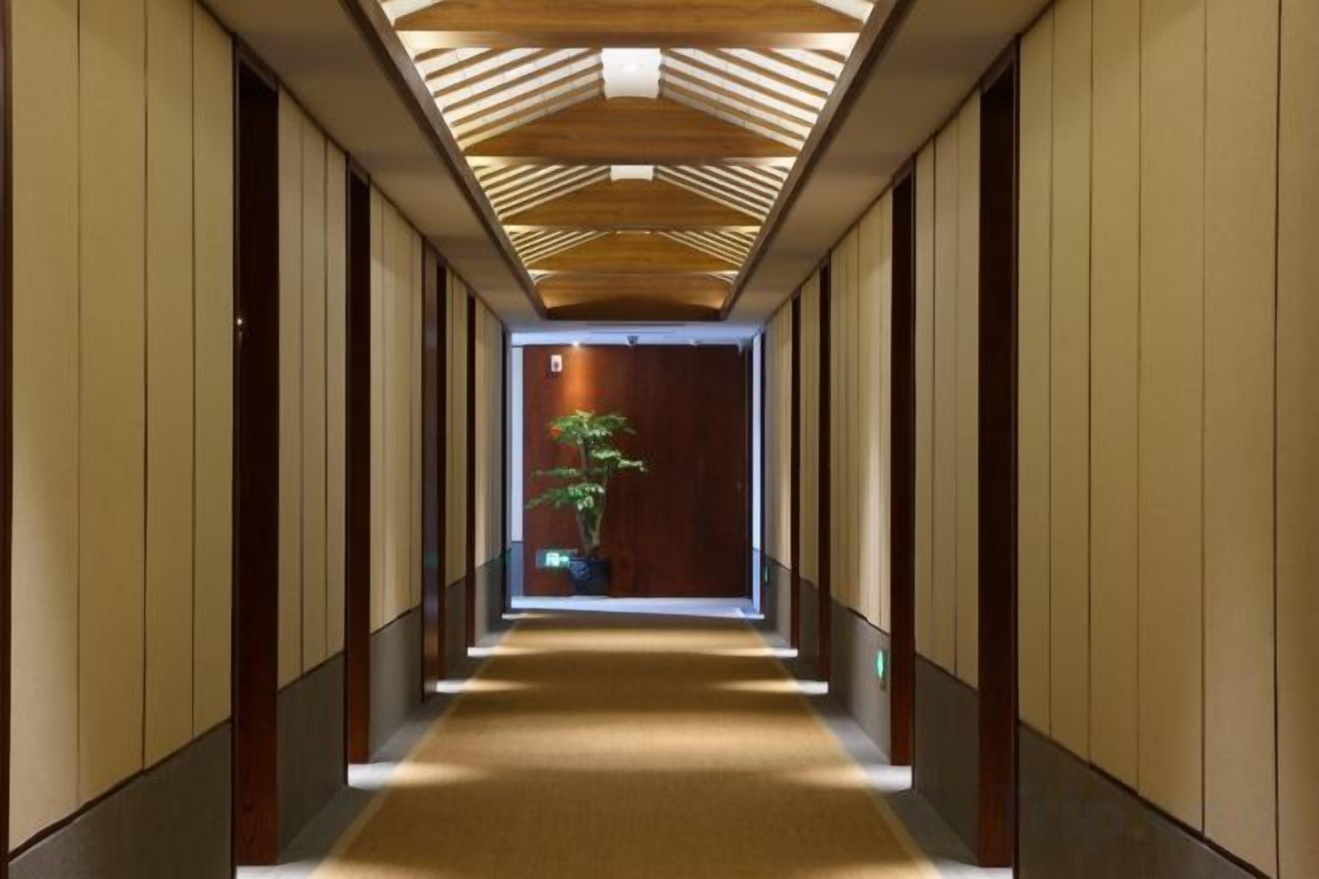 A corridor with a wooden ceiling, a plant, and a door at the end.