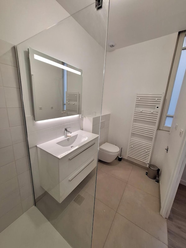 Shower, towels, soap, shampoo