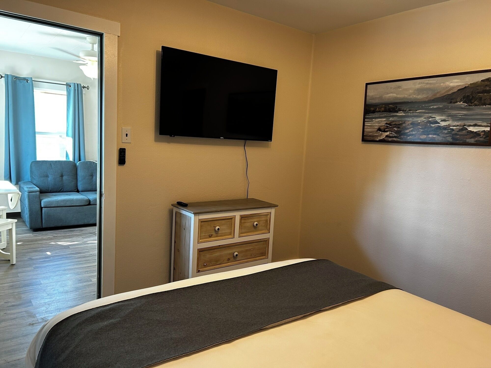 Una camera d'hotel con un letto, una TV, una cassettiera e un quadro appeso al muro.